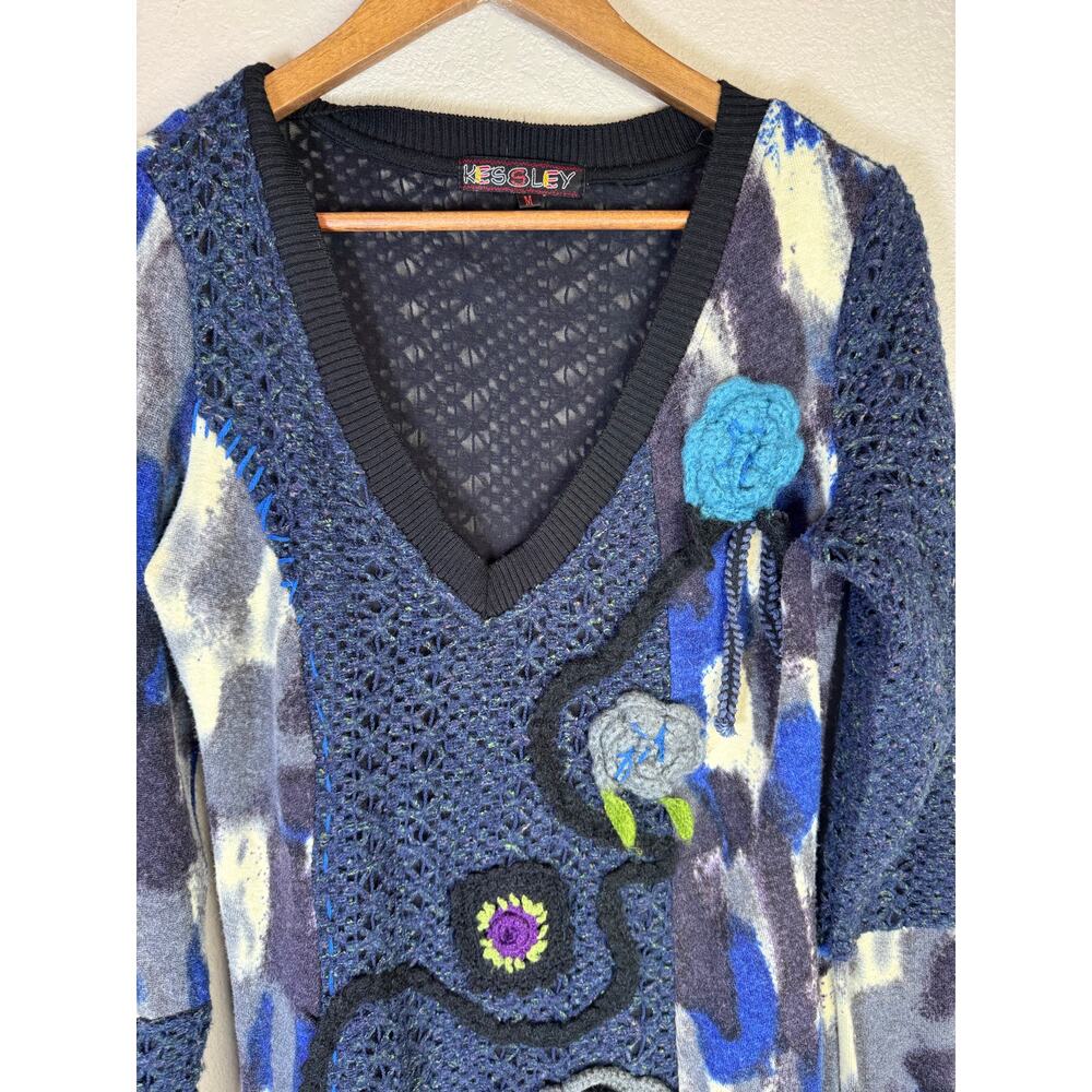 Kessley‎ Boho Knit Sweater Dress Medium Blue Multi Floral Crochet Artwear